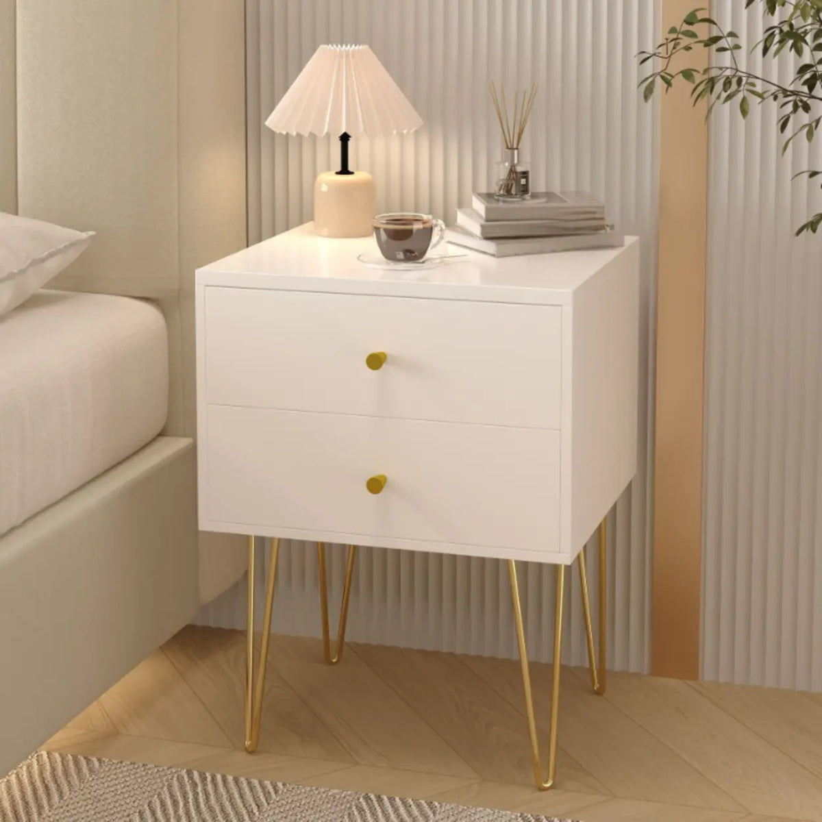 Modern White Nightstand with Gold Legs and Drawers Natural Finish / 1