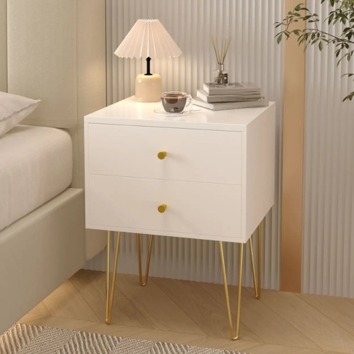 Modern White Nightstand with Gold Legs and Drawers Image - 1