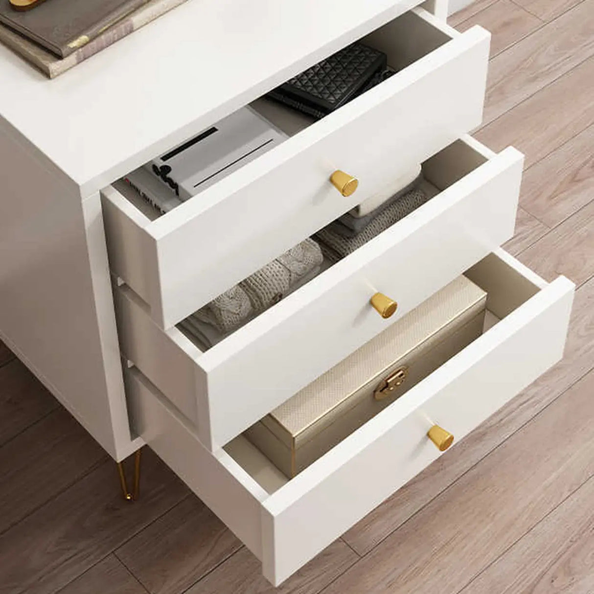 Modern White Nightstand with Gold Legs and Drawers Image - 10