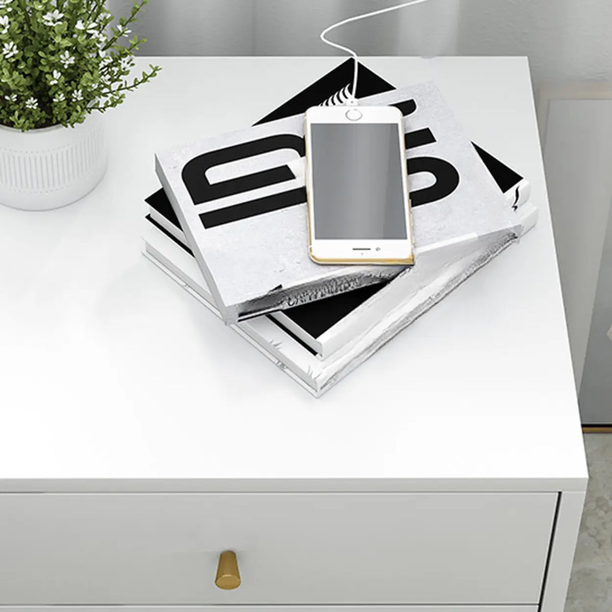 Modern White Nightstand with Gold Legs and Drawers Image - 11