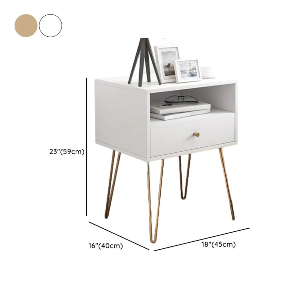 Modern White Nightstand with Gold Legs and Drawers 