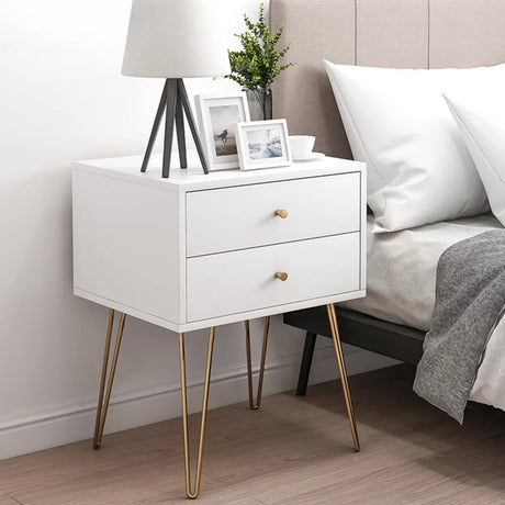Modern White Nightstand with Gold Legs and Drawers Image - 2