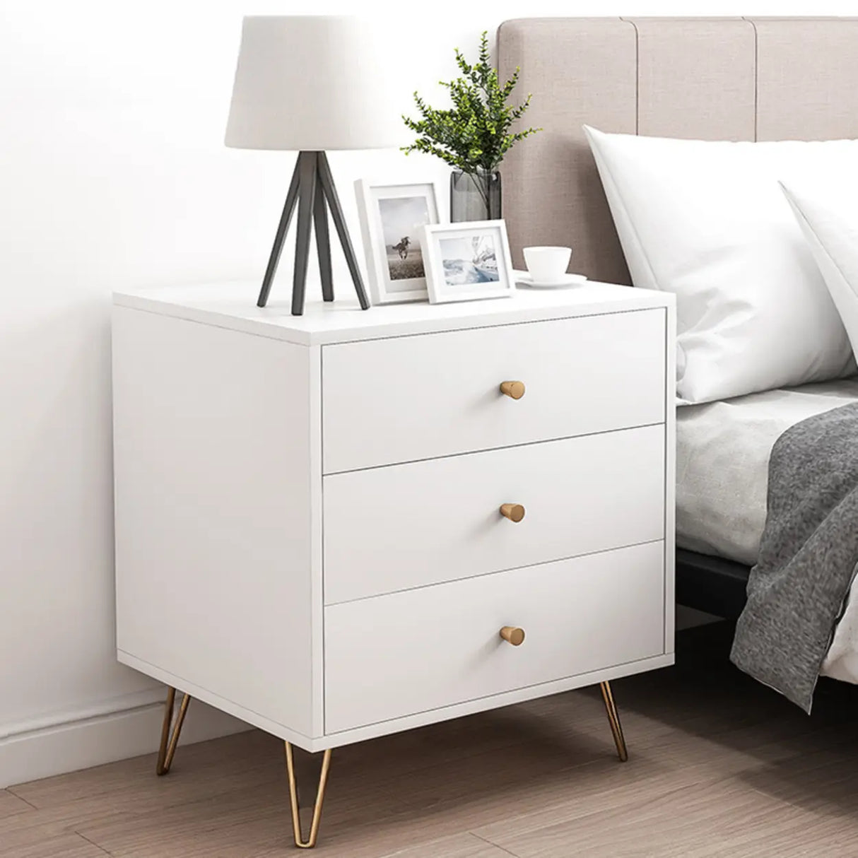 Modern White Nightstand with Gold Legs and Drawers Image - 3