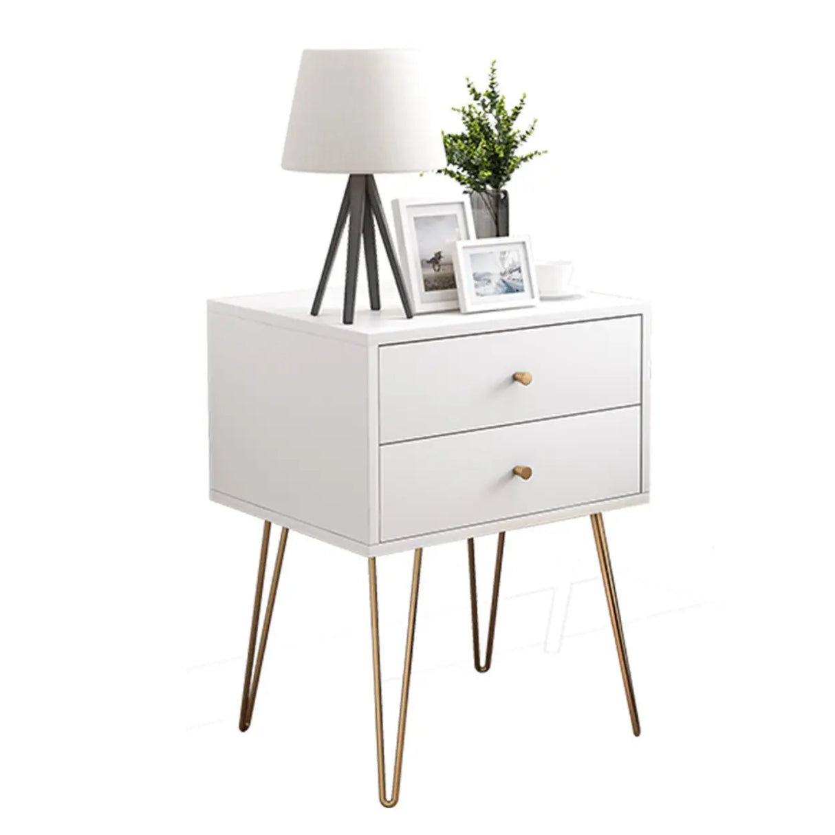 Modern White Nightstand with Gold Legs and Drawers Image - 4