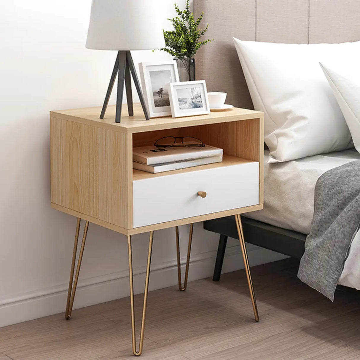 Modern White Nightstand with Gold Legs and Drawers Image - 5