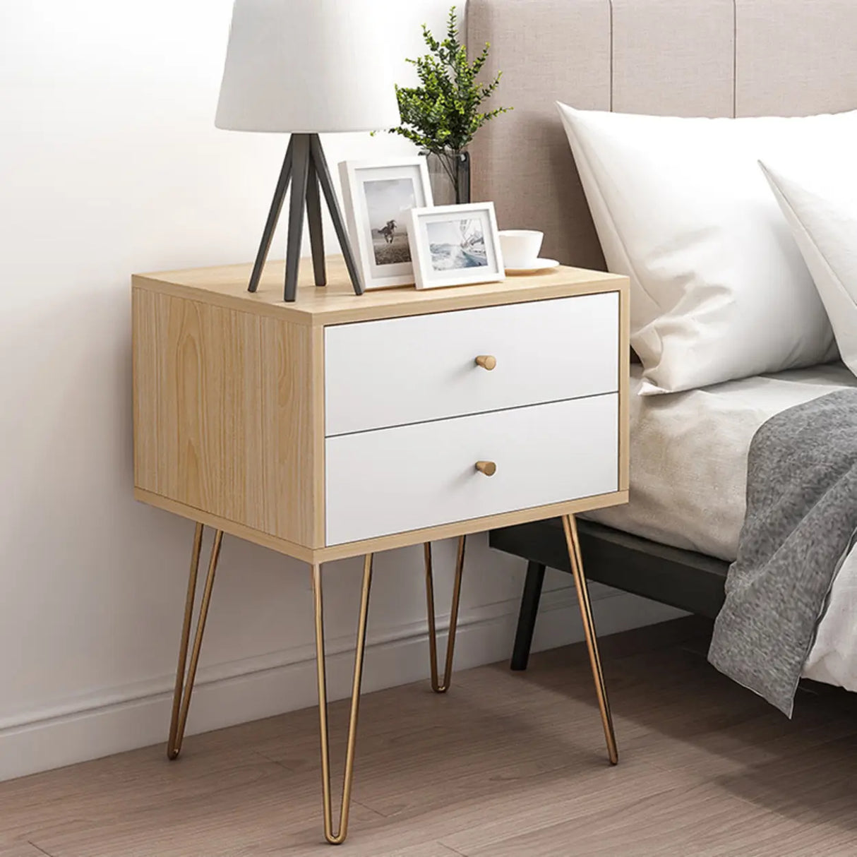 Modern White Nightstand with Gold Legs and Drawers Image - 7