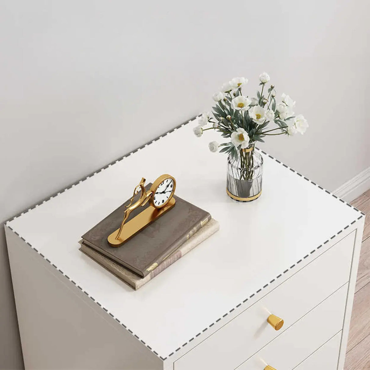 Modern White Nightstand with Gold Legs and Drawers Image - 8