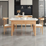 Modern White Oval Marble Dining Table Self-Storing Leaf Image - 1