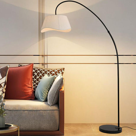 Modern White Pleated Arched Black Metal Floor Lamp Image - 2