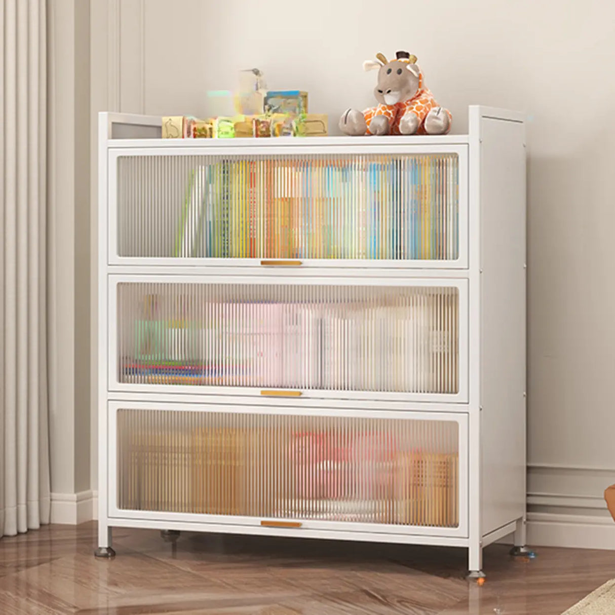 Modern White Rectangular Steel Storage Glass Bookcase Image - 3