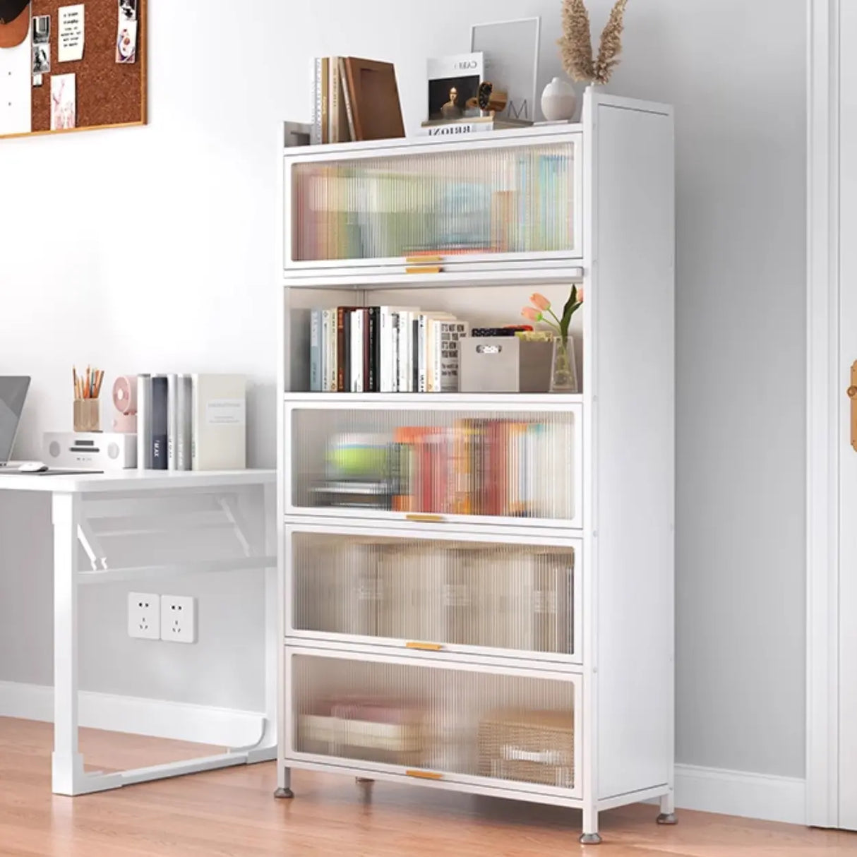 Modern White Rectangular Steel Storage Glass Bookcase Image - 4