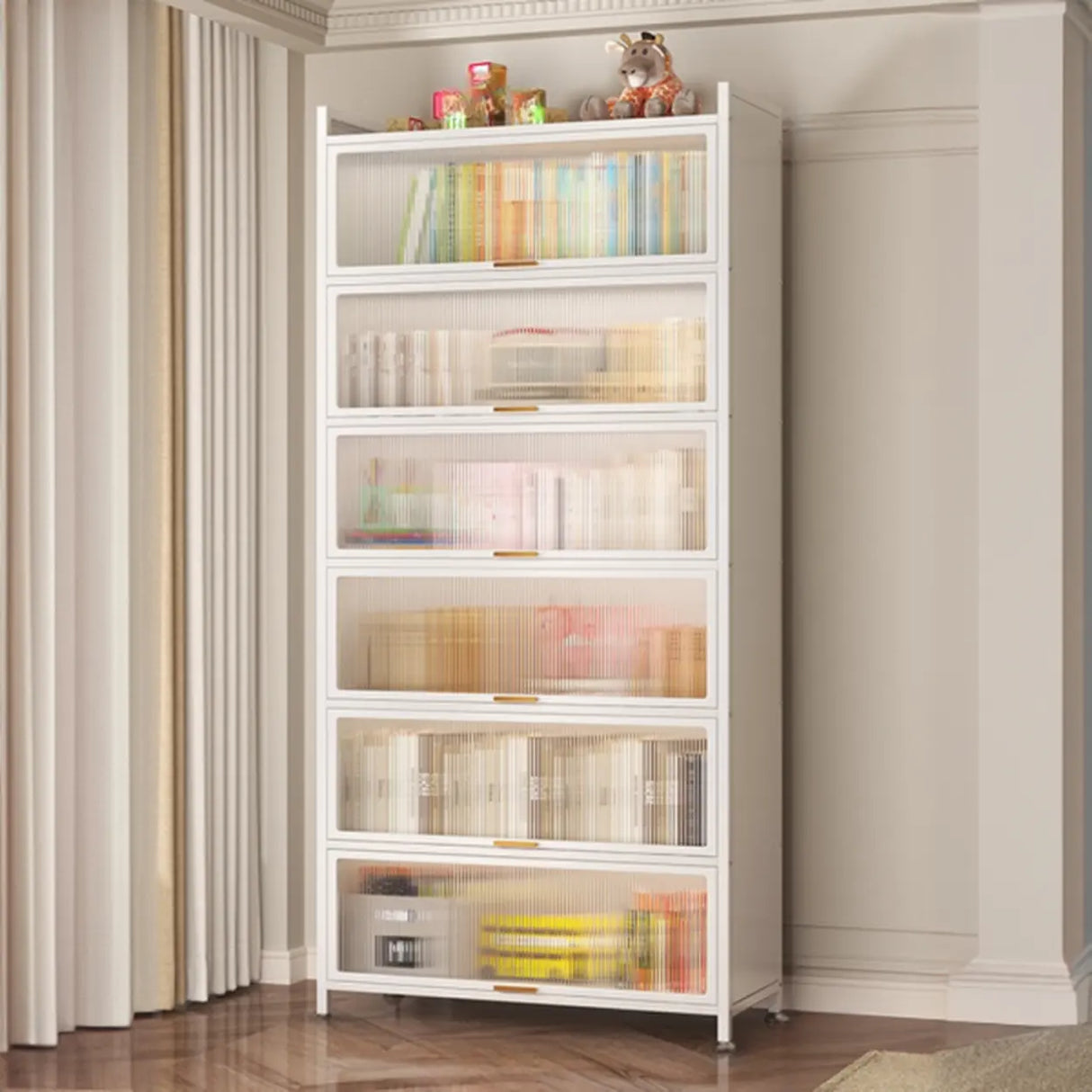 Modern White Rectangular Steel Storage Glass Bookcase Image - 9