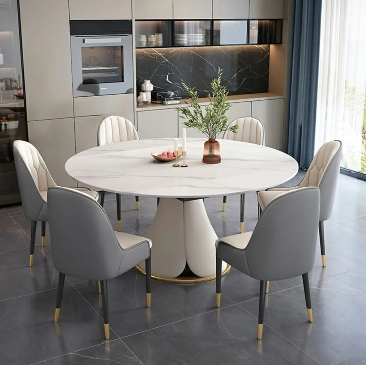 Modern White Round Stone Extendable Dining Table Steel Base Image - 4