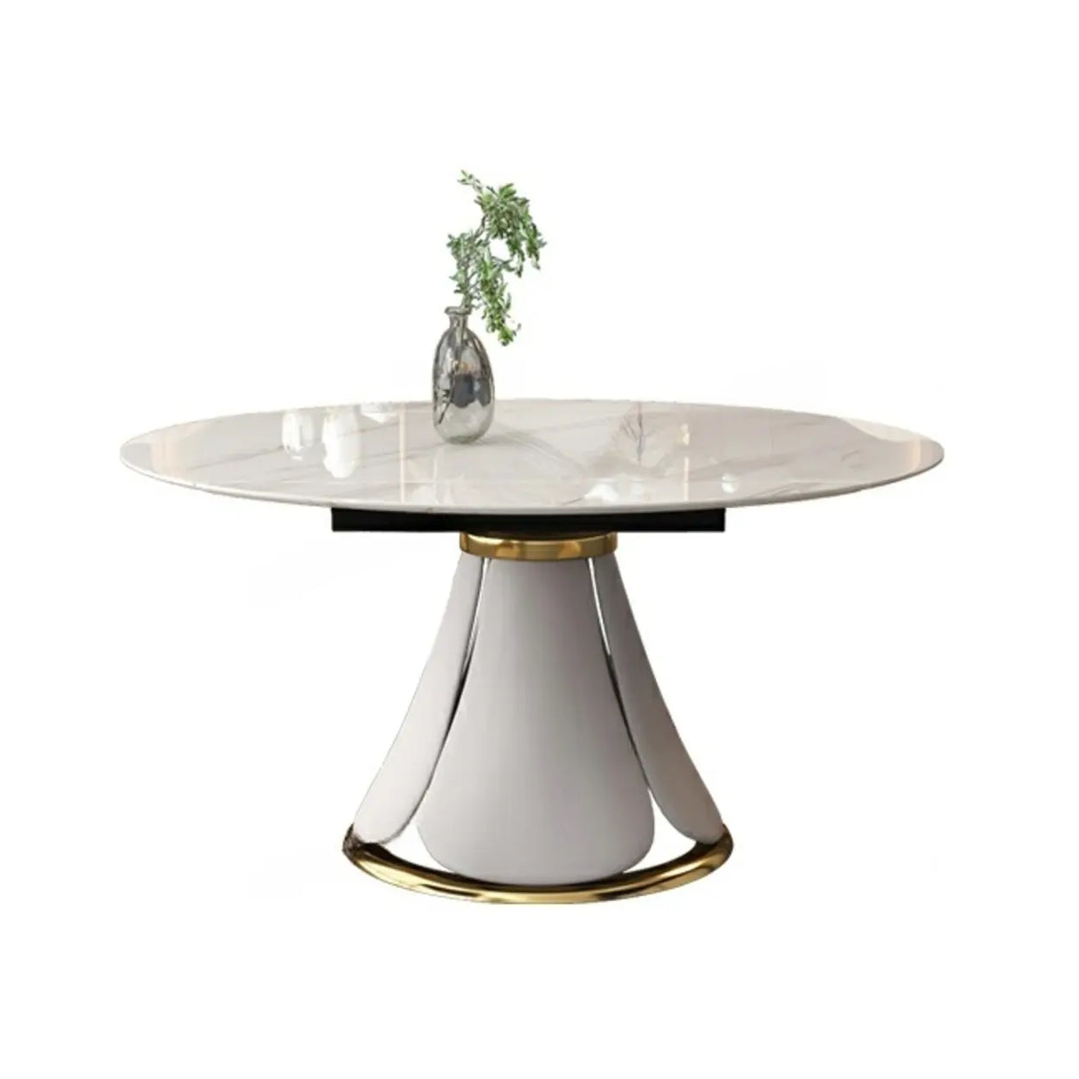 Modern White Round Stone Extendable Dining Table Steel Base Image - 5
