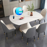 Modern White Round Stone Extendable Dining Table Steel Base Image - 7