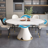 Modern White Round Stone Extendable Dining Table Steel Base Image - 9
