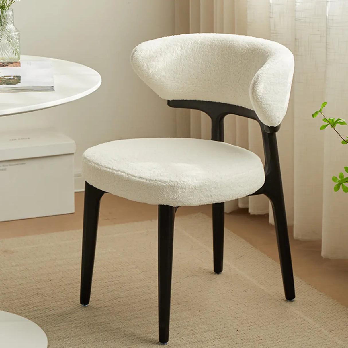 Modern White Sherpa Upholstered Dining Chair with Curved Back Image - 1