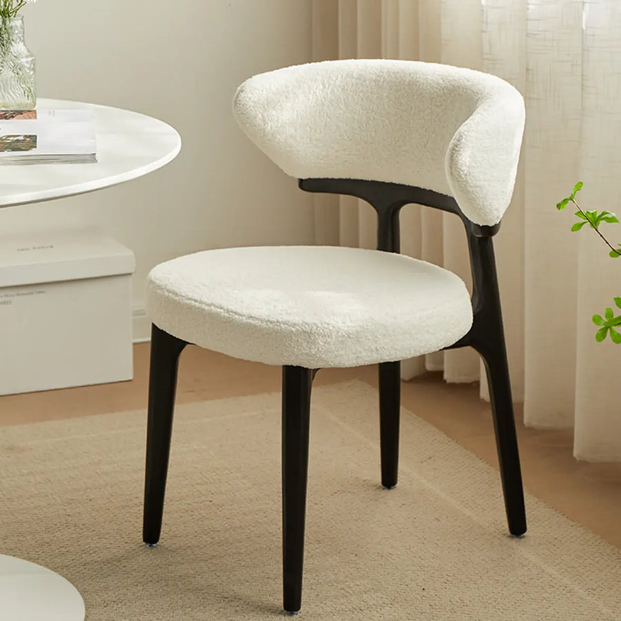 Modern white sherpa upholstered dining chair with curved back for soft comfort