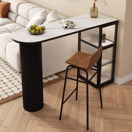 Modern White Stone Top Black Pedestal Glass Cabinet Bar Table Image - 1