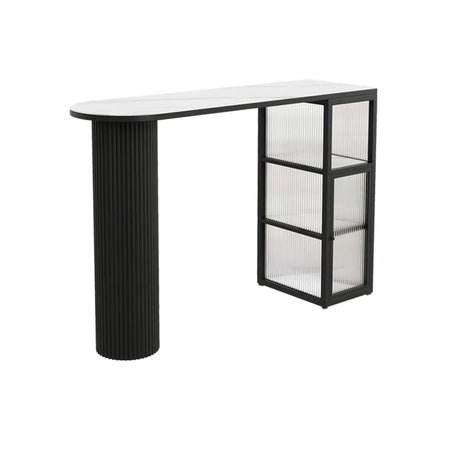 Modern White Stone Top Black Pedestal Glass Cabinet Bar Table Image - 2