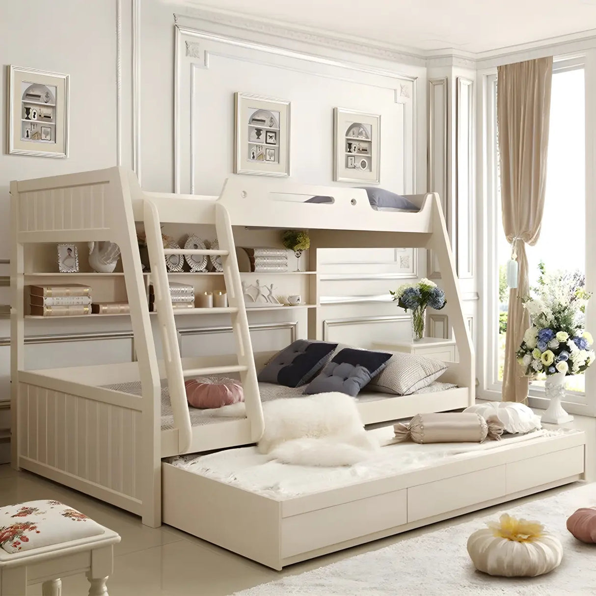 Modern White Wood Bunk Bed with Mattress and Drawers Image - 11