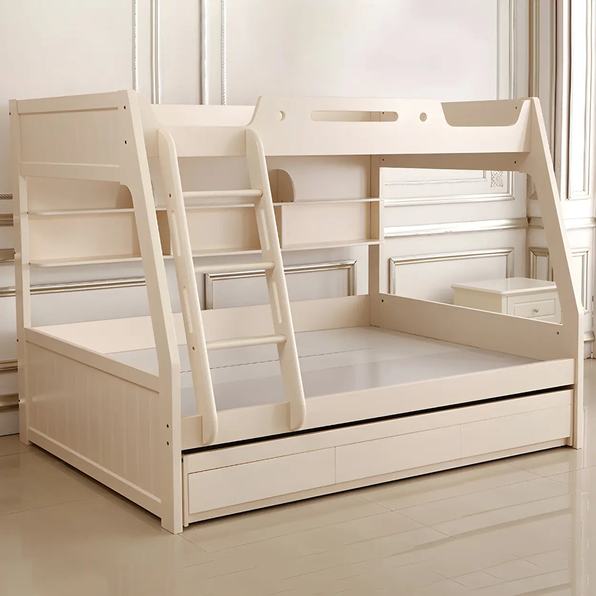 Modern White Wood Bunk Bed with Mattress and Drawers Image - 13