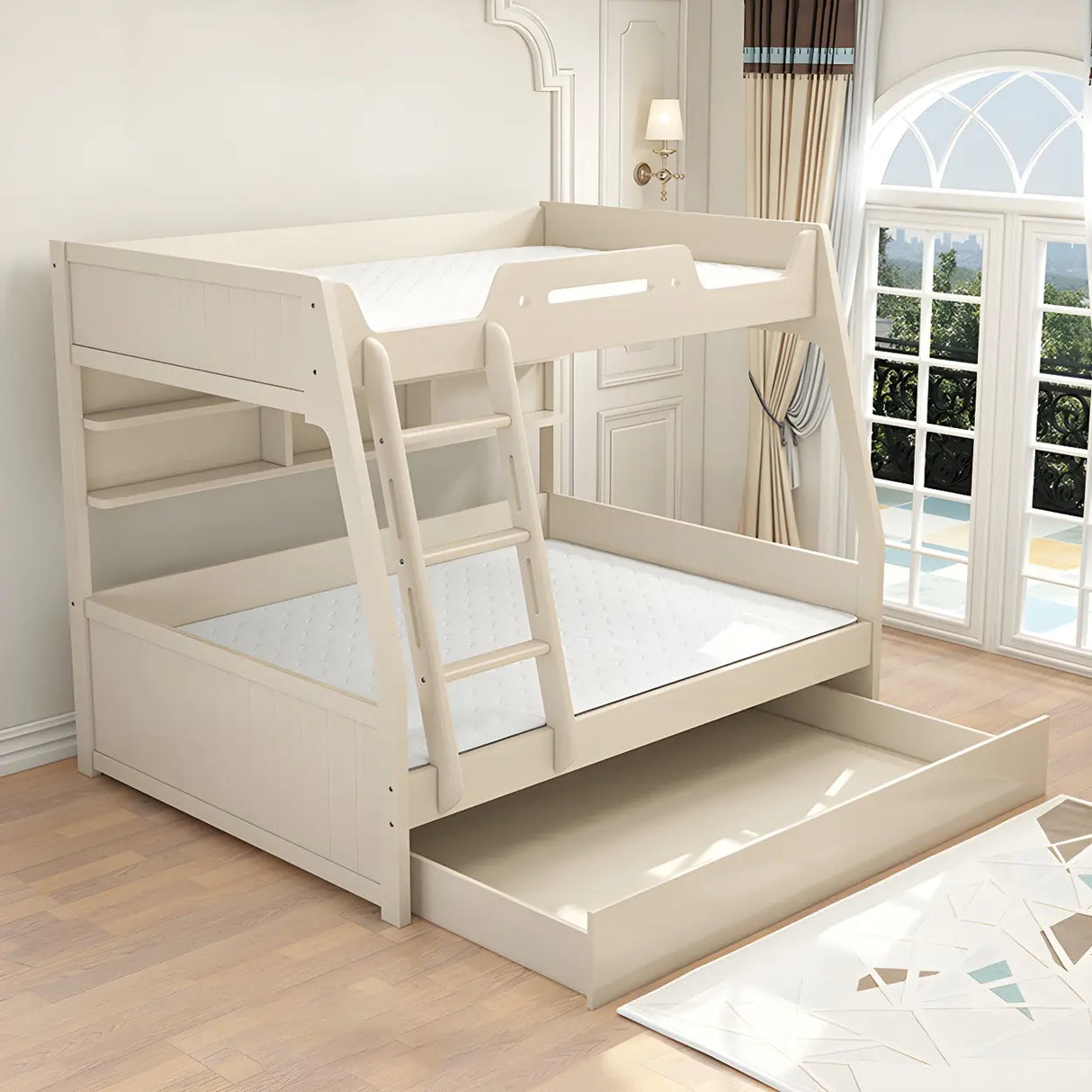 Modern White Wood Bunk Bed with Mattress and Drawers Image - 14