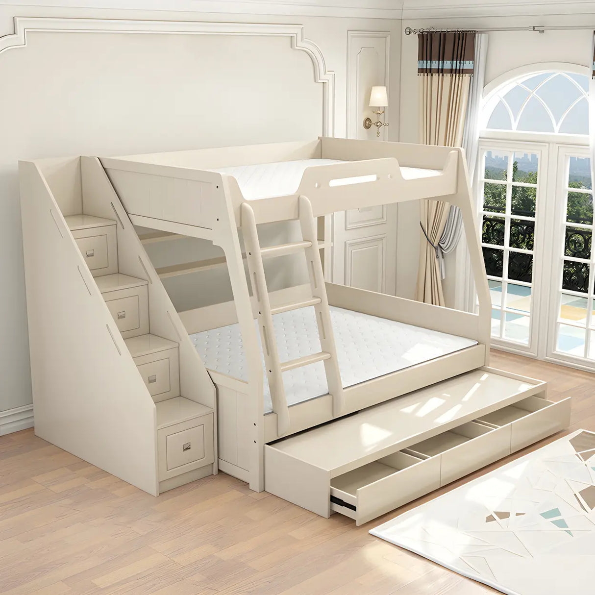 Modern White Wood Bunk Bed with Mattress and Drawers Image - 15
