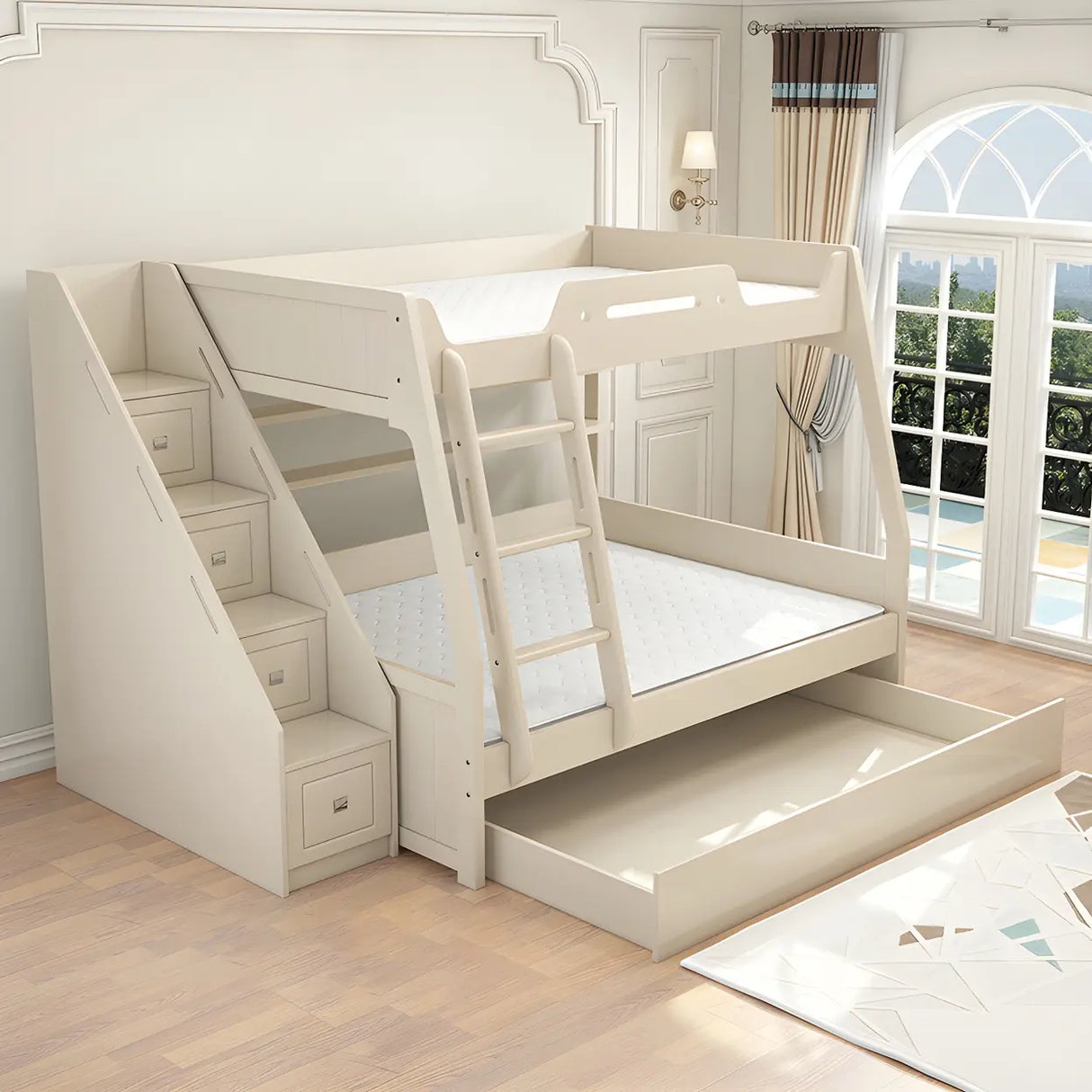 Modern White Wood Bunk Bed with Mattress and Drawers Image - 16