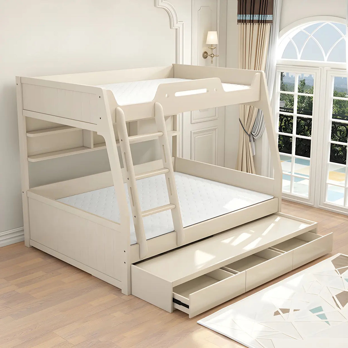 Modern White Wood Bunk Bed with Mattress and Drawers Image - 2