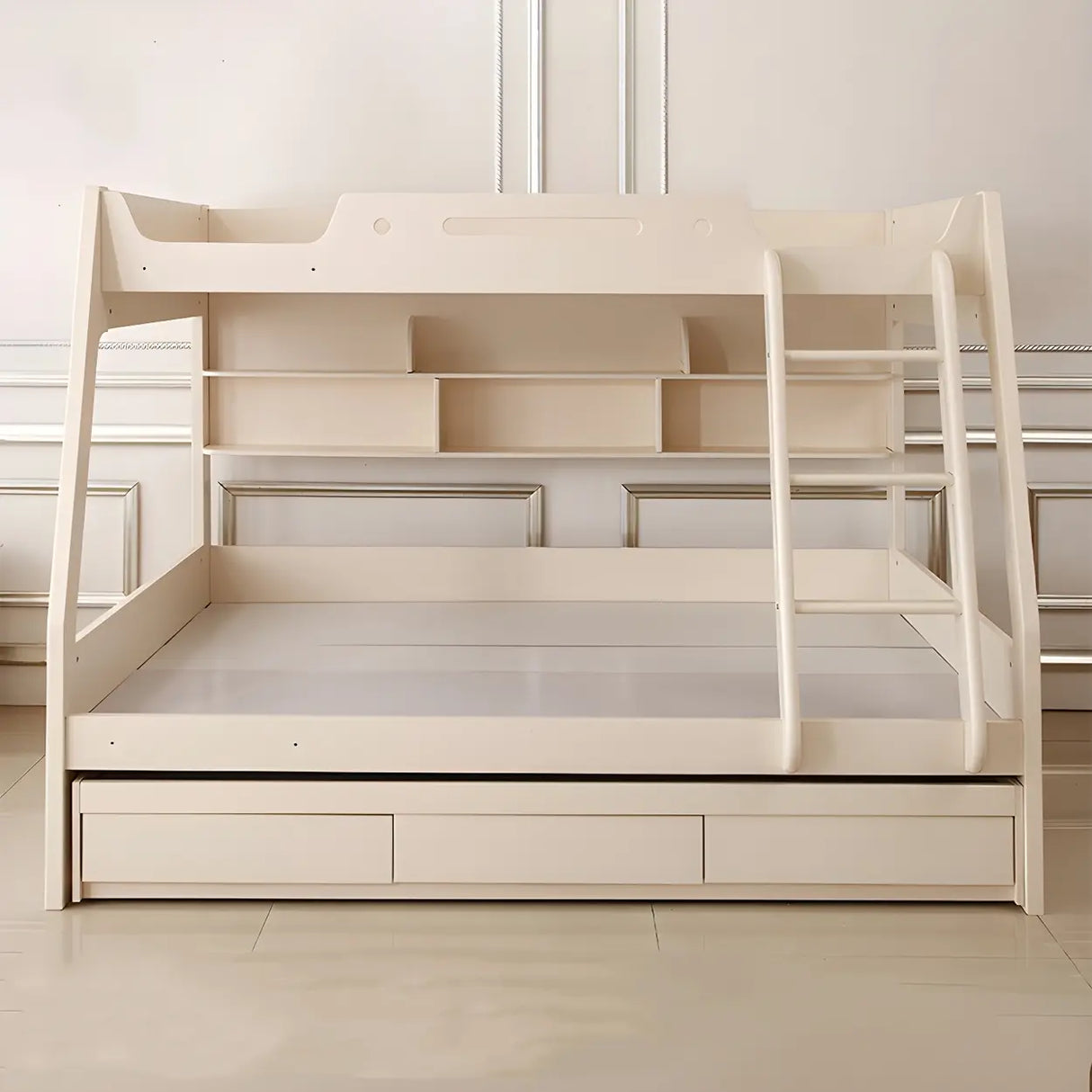 Modern White Wood Bunk Bed with Mattress and Drawers Image - 4