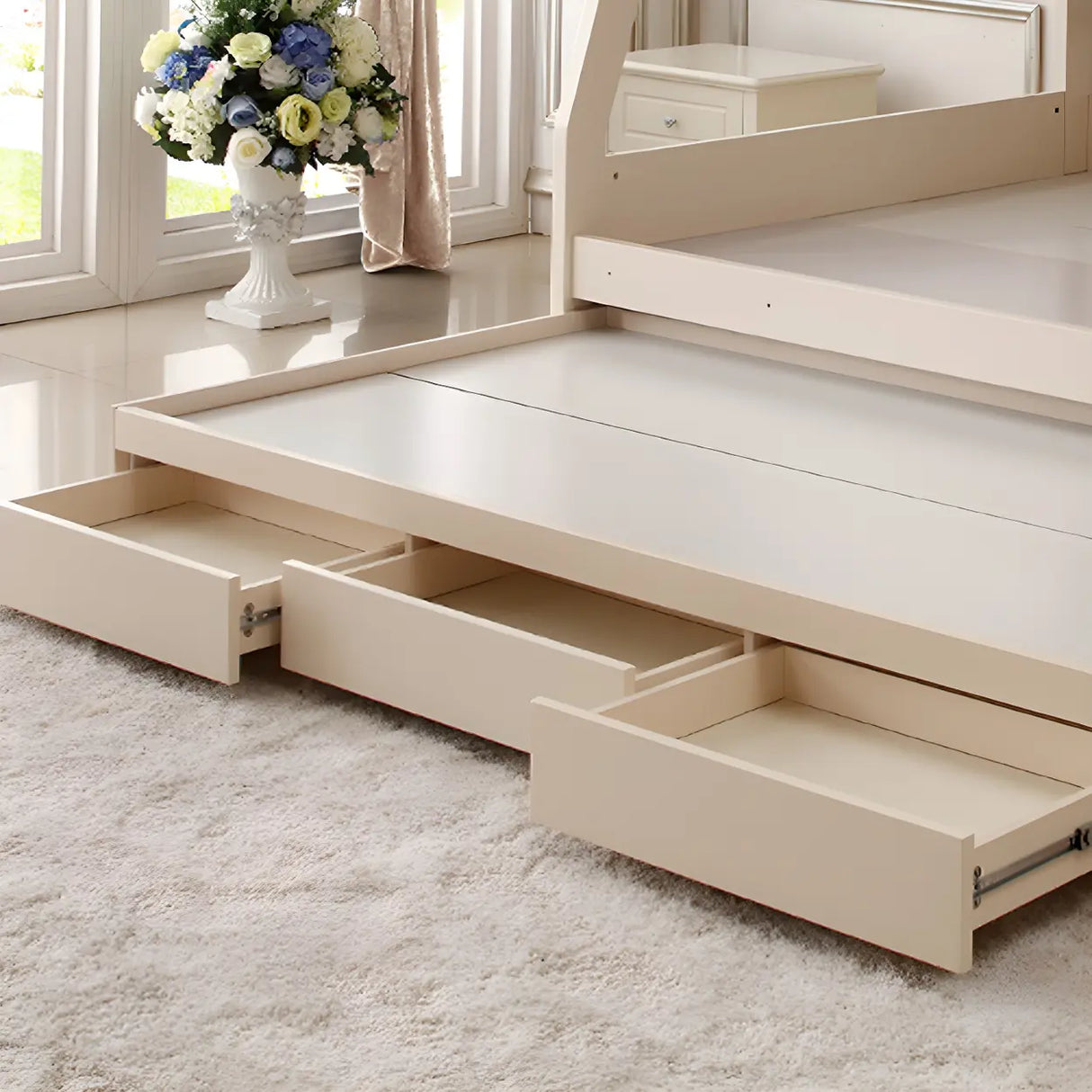 Modern White Wood Bunk Bed with Mattress and Drawers Image - 5