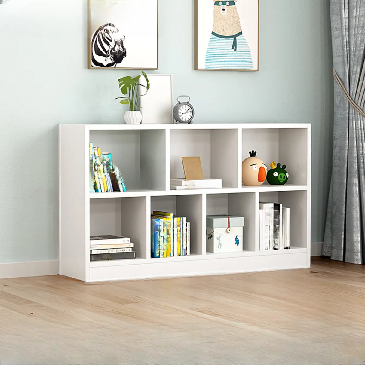 Modern White Wood Horizontal Cubical Wide Bookcase Image - 2