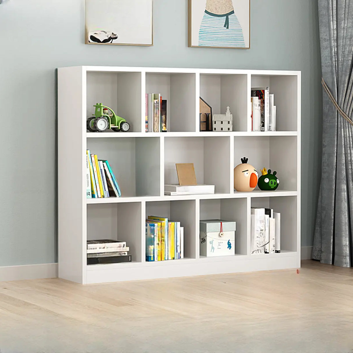Modern White Wood Horizontal Cubical Wide Bookcase Image - 3