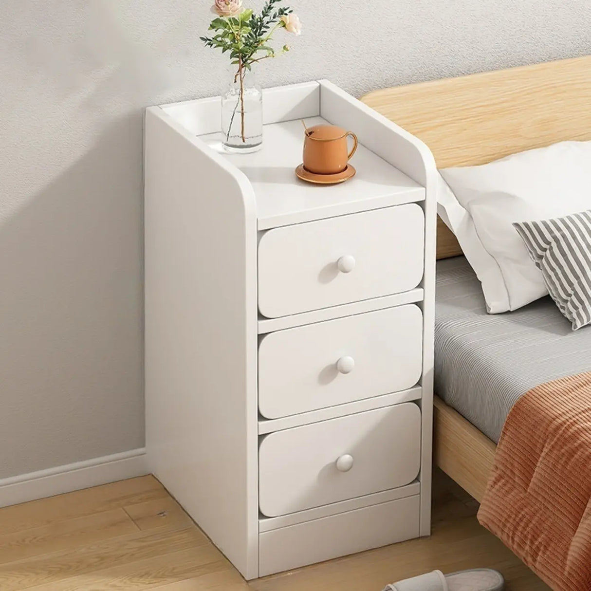 Modern White Wood Two-Drawer Storage Narrow Nightstand Image - 10