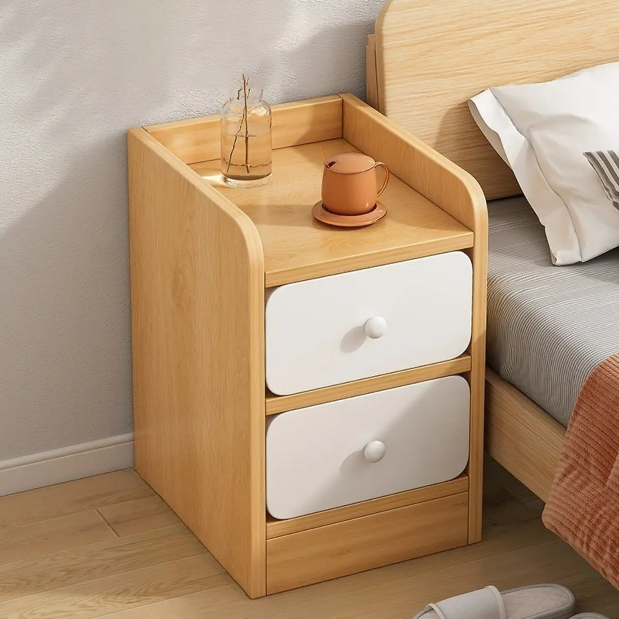 Modern White Wood Two-Drawer Storage Narrow Nightstand Image - 11