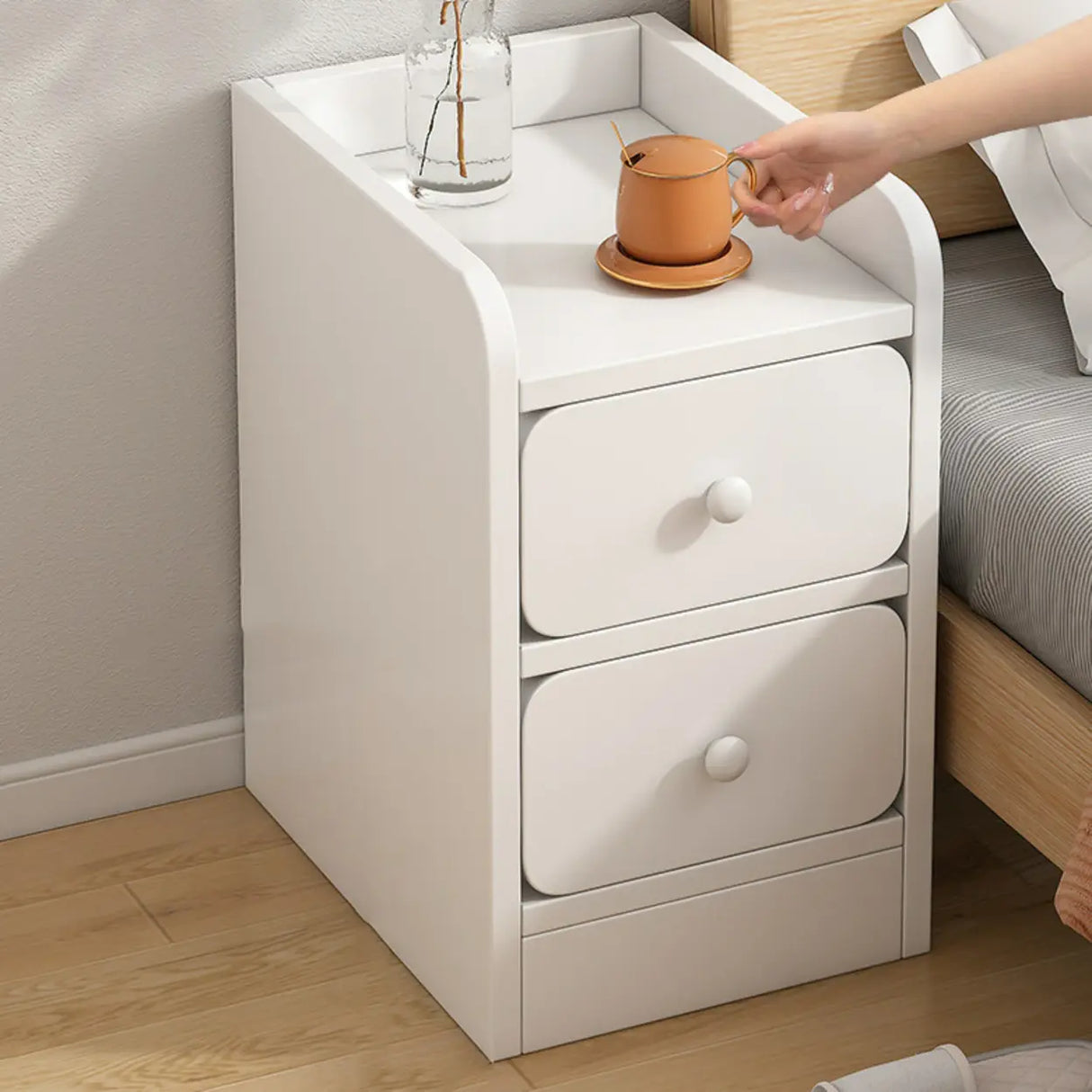Modern White Wood Two-Drawer Storage Narrow Nightstand Image - 12