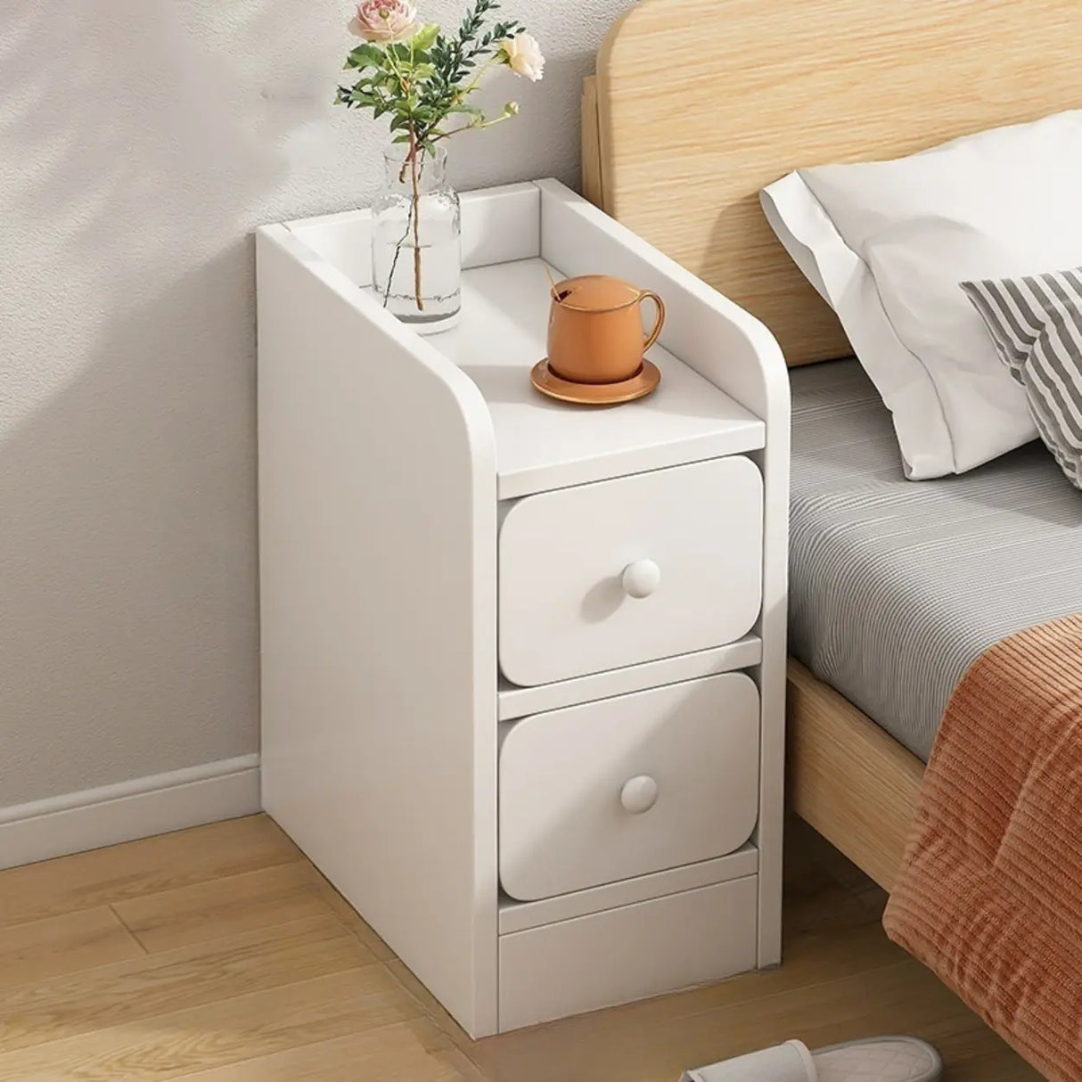 Modern White Wood Two-Drawer Storage Narrow Nightstand Image - 2