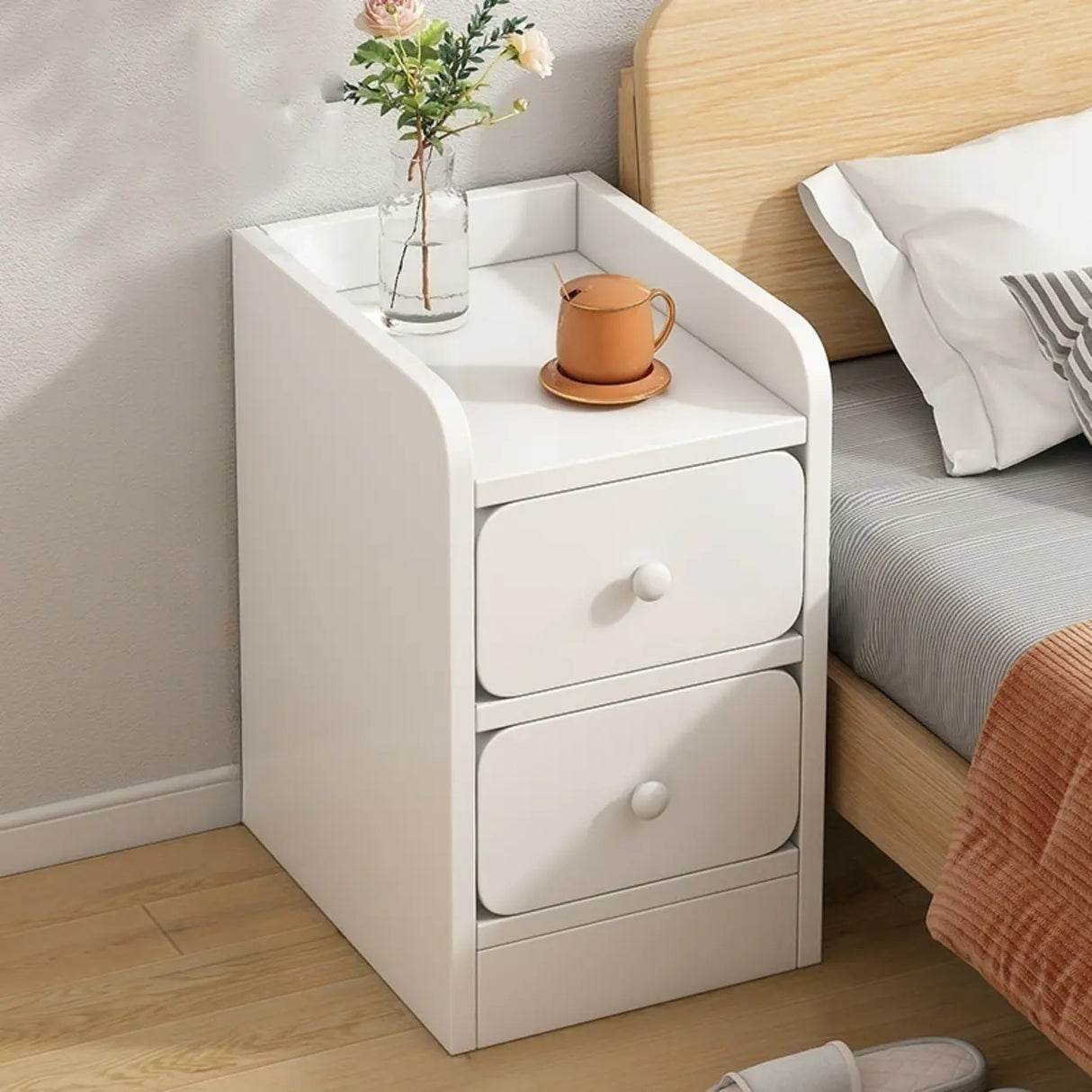 Modern White Wood Two-Drawer Storage Narrow Nightstand Image - 9
