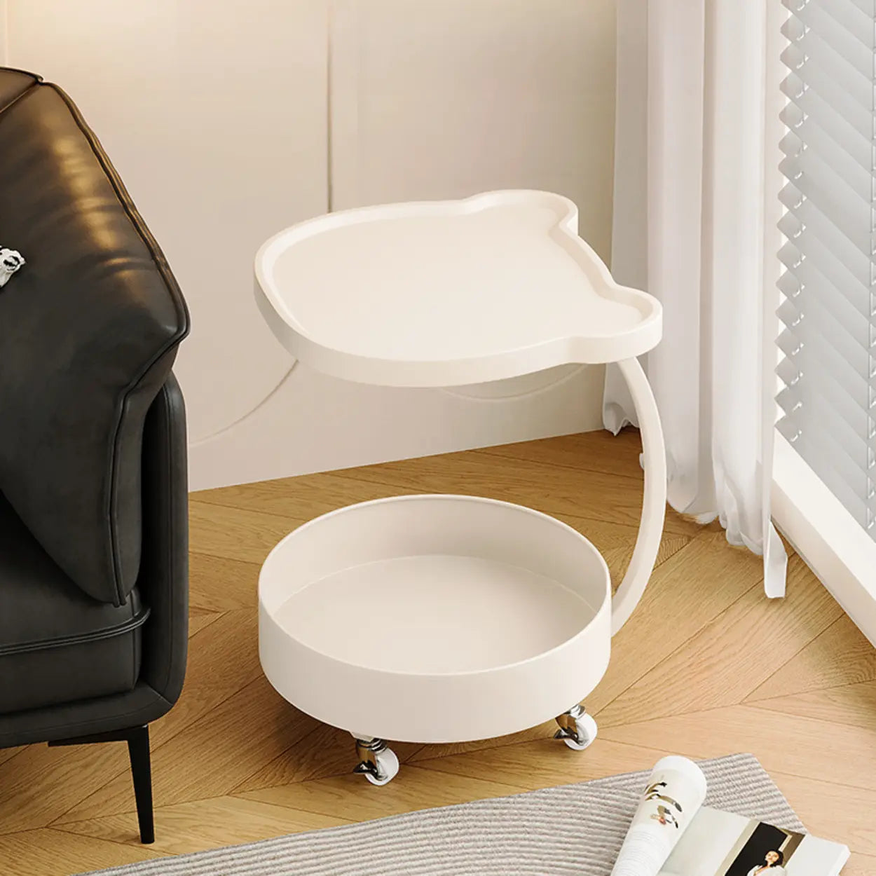 Modern Wood Bear Shape Tray Top Rolling Side Table with Storage Image - 3