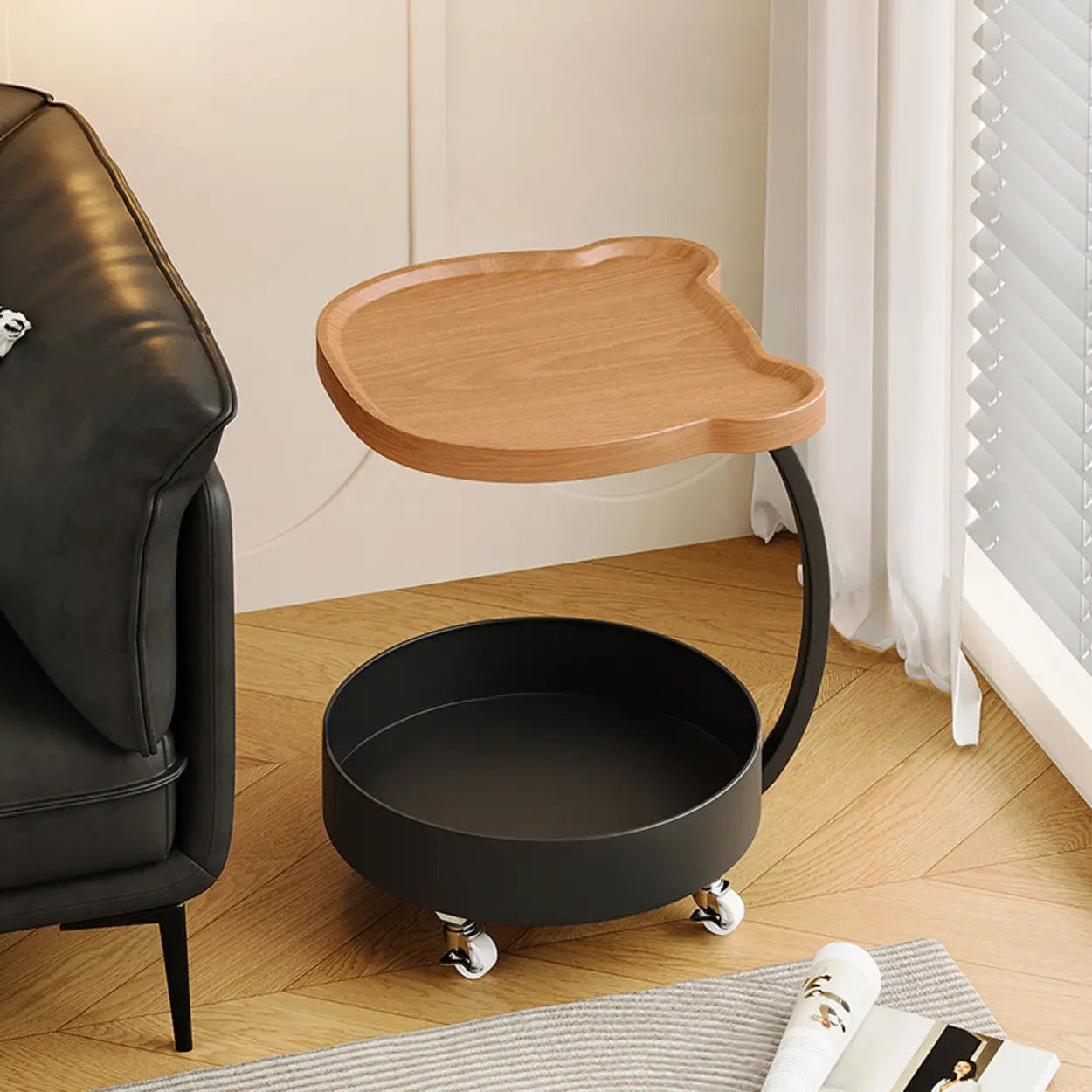 Modern Wood Bear Shape Tray Top Rolling Side Table with Storage Image - 7