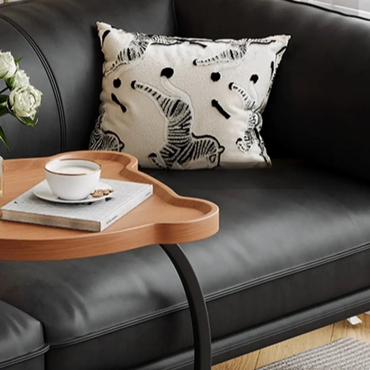 Modern Wood Bear Shape Tray Top Rolling Side Table with Storage Image - 8