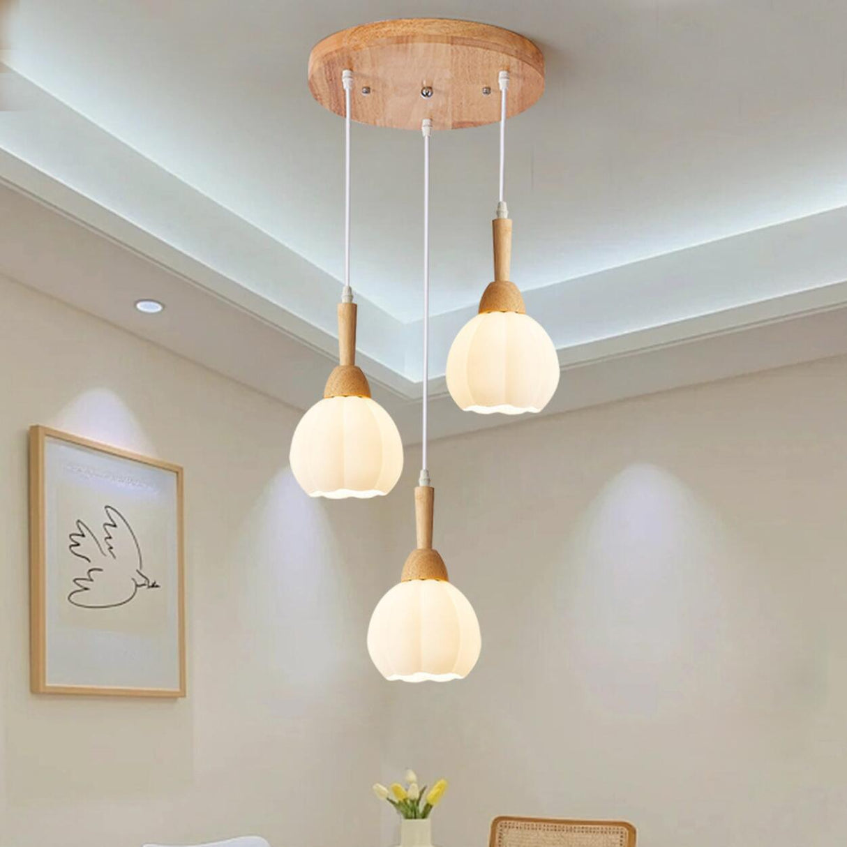Modern Wood Glass Globe Dining Room Pendant Light Image - 4