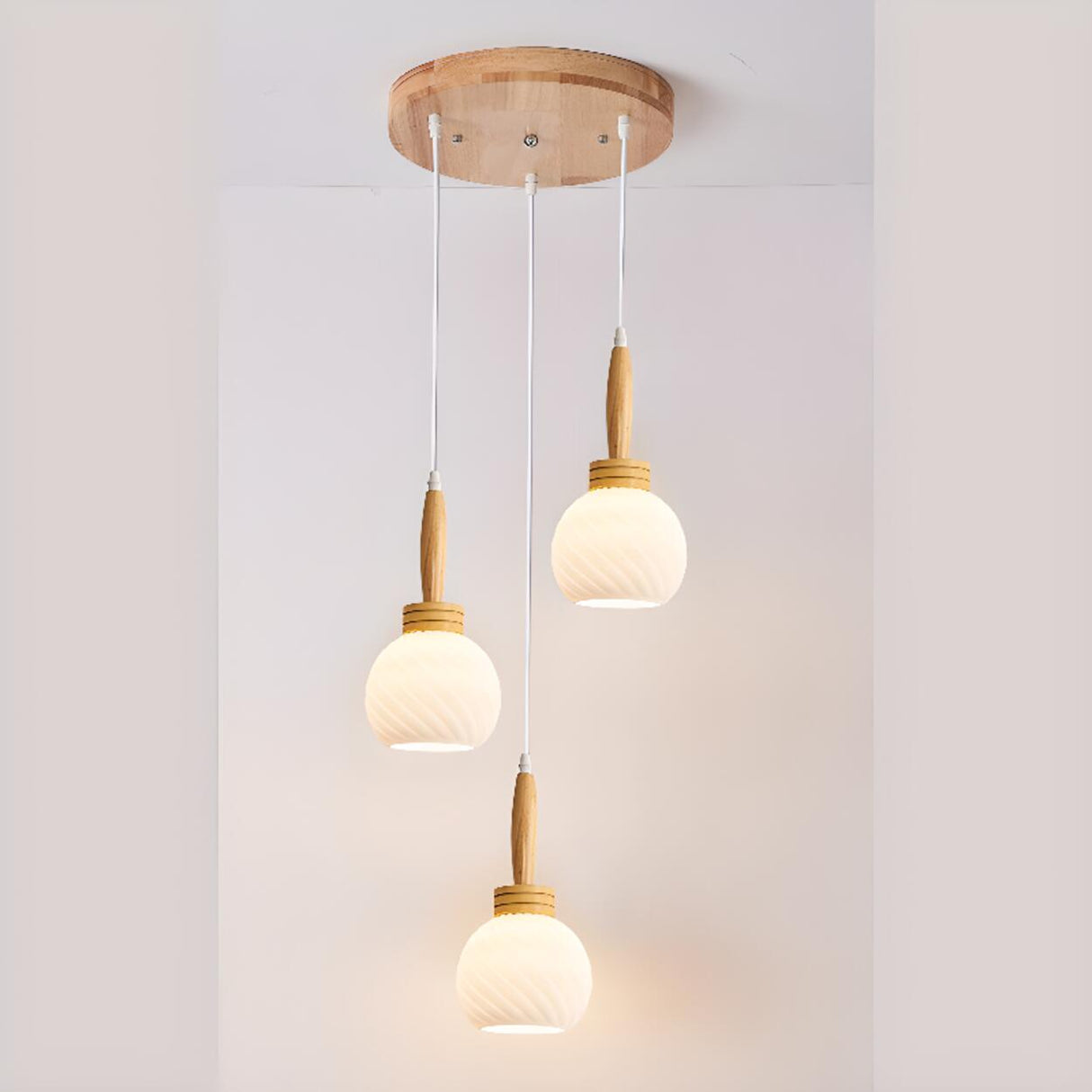 Modern Wood Glass Globe Dining Room Pendant Light Image - 8