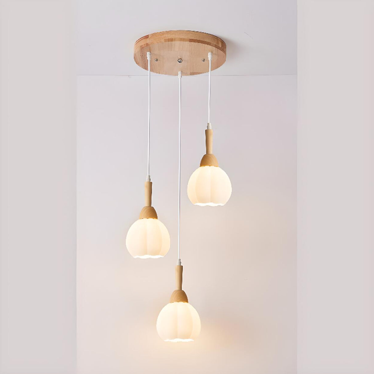 Modern Wood Glass Globe Dining Room Pendant Light Image - 9