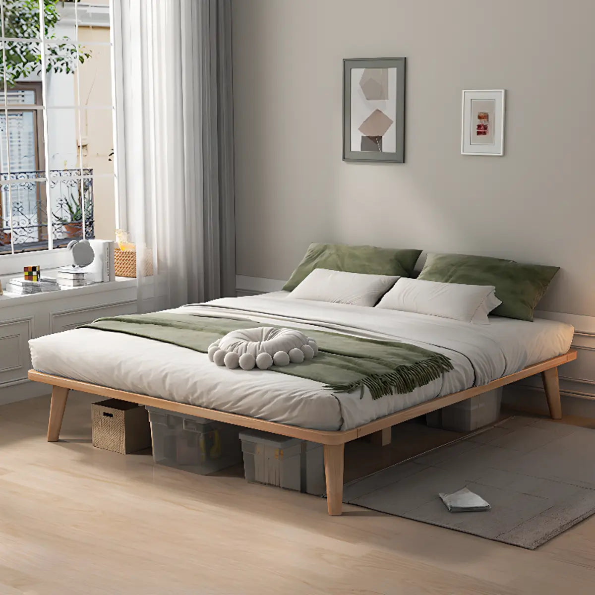 Modern Wood Square Natural Queen Storage Panel Bed Image - 10