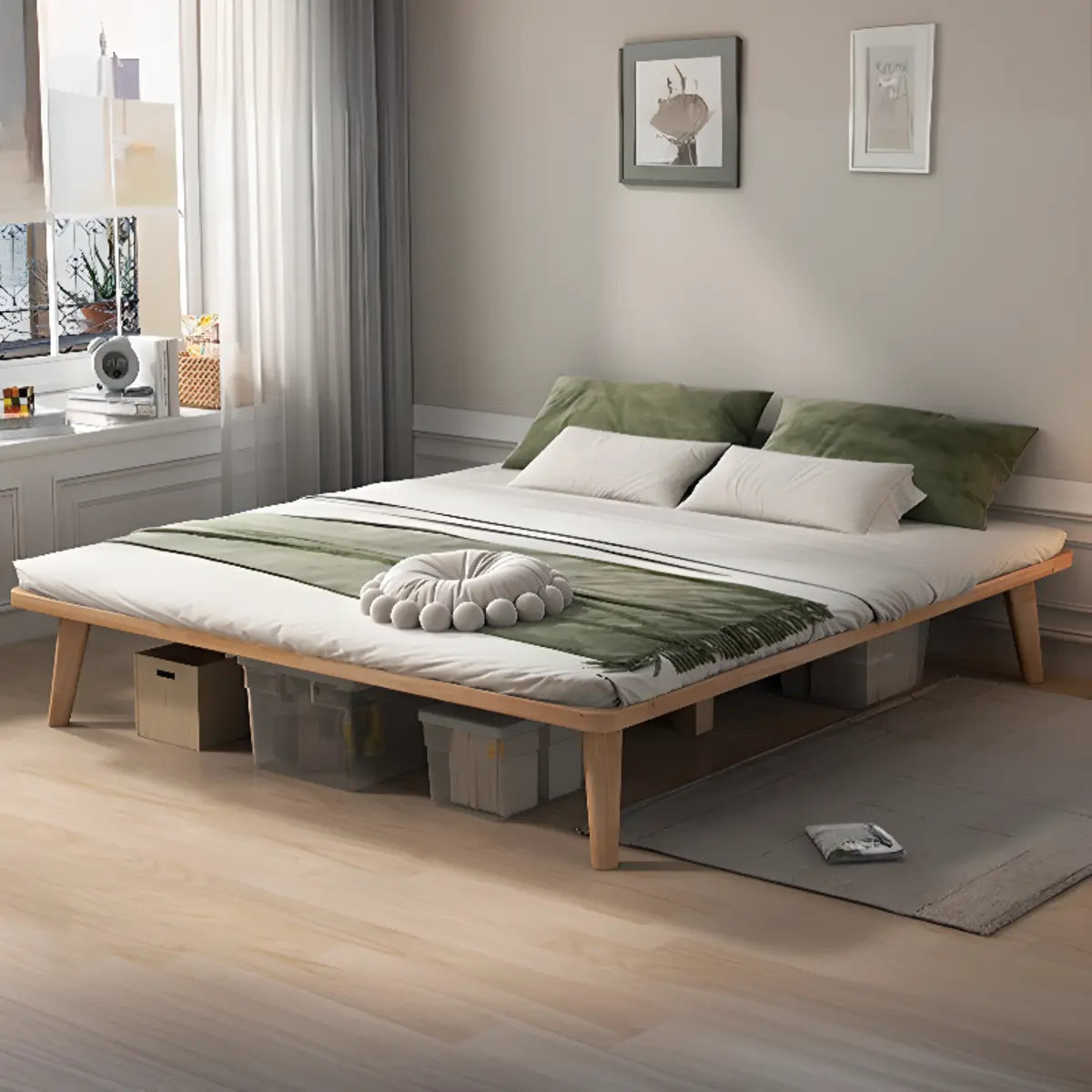 Modern Wood Square Natural Queen Storage Panel Bed Image - 3