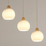 Modern Wood White Glass Round LED Pendant Light Image - 12