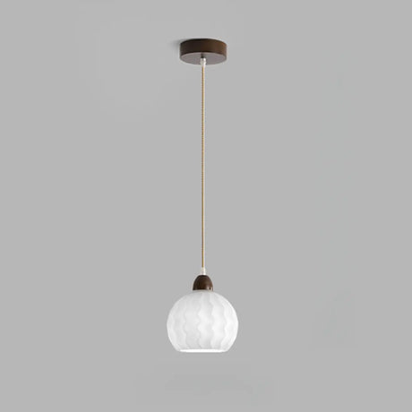 Modern Wood White Glass Round LED Pendant Light Image - 2