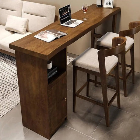 Modern Wooden Bar Table Set with Storage and High Stools Image - 1